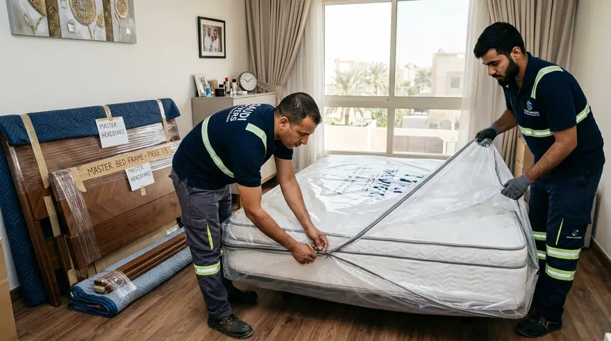 Two crew members putting a mattress into a protective bag, with the numbered parts of a disassembled bed beside them