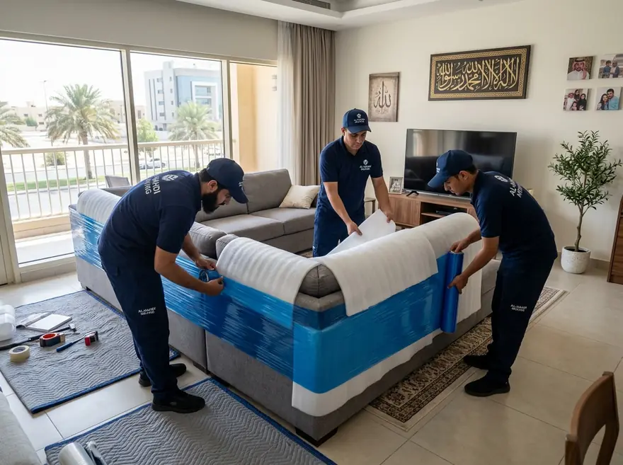 Furniture movers in Dammam - wrapping apartment furniture with foam and blue stretch film