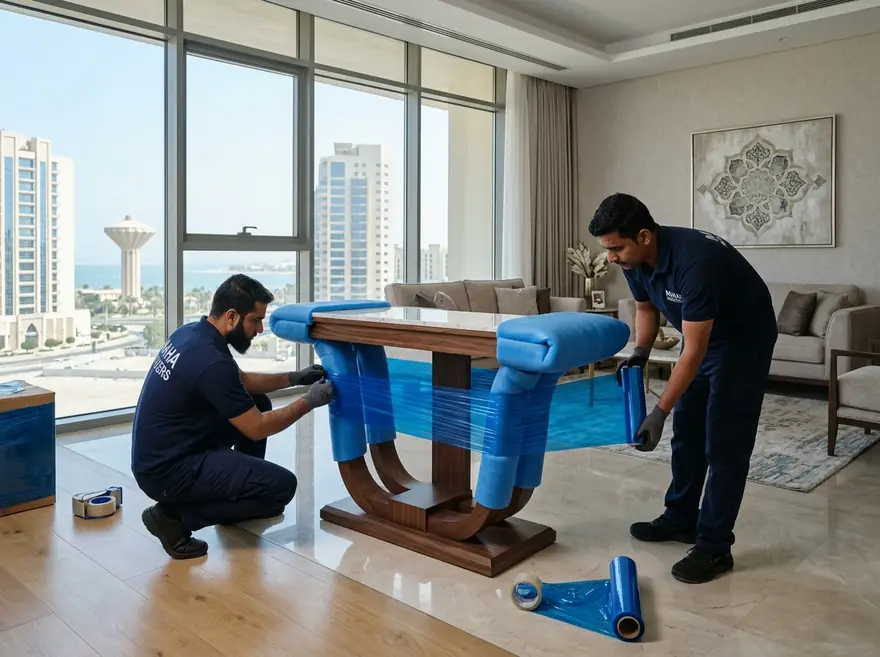 Furniture movers in Khobar - wrapping and protecting the furniture of an upscale apartment in Khobar