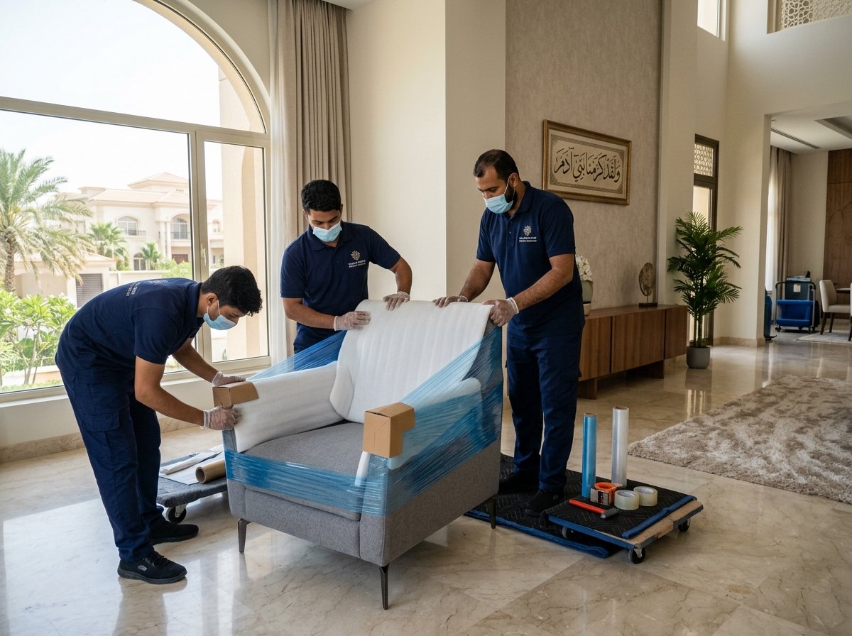 فريق البيت الحديث يقوم بحماية وتغليف أثاث فاخر بالاسترتش الأزرق ودعامات الزوايا داخل فيلا بالمنطقة الشرقية