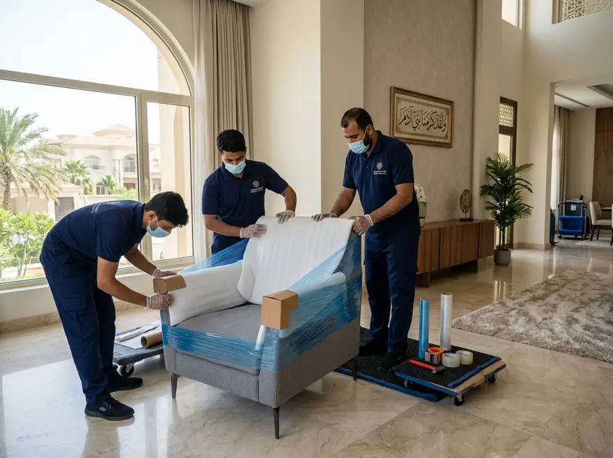 The Al Bayt Al Hadith crew protecting and wrapping high-end furniture with blue stretch film and corner protectors inside a villa in the Eastern Province