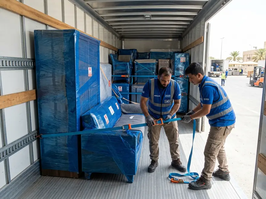 Furniture movers in Jubail - furniture secured with wall-mounted straps inside a closed truck in Jubail