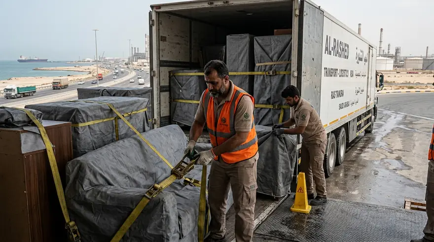 Furniture movers in Ras Tanura - preparing and securing a furniture moving truck on the Ras Tanura coastal road